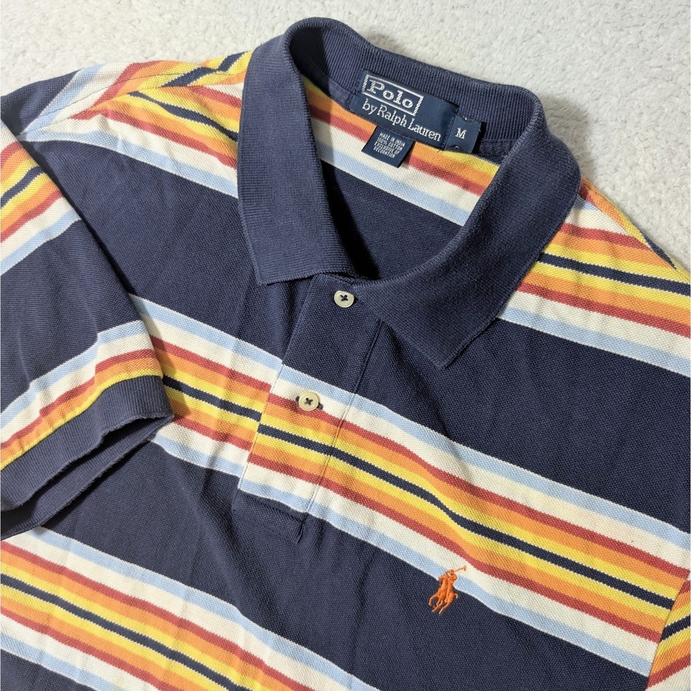 Polo Ralph Lauren Blue Orange Striped Vintage 90s Mens M Cotton Polo Shirt